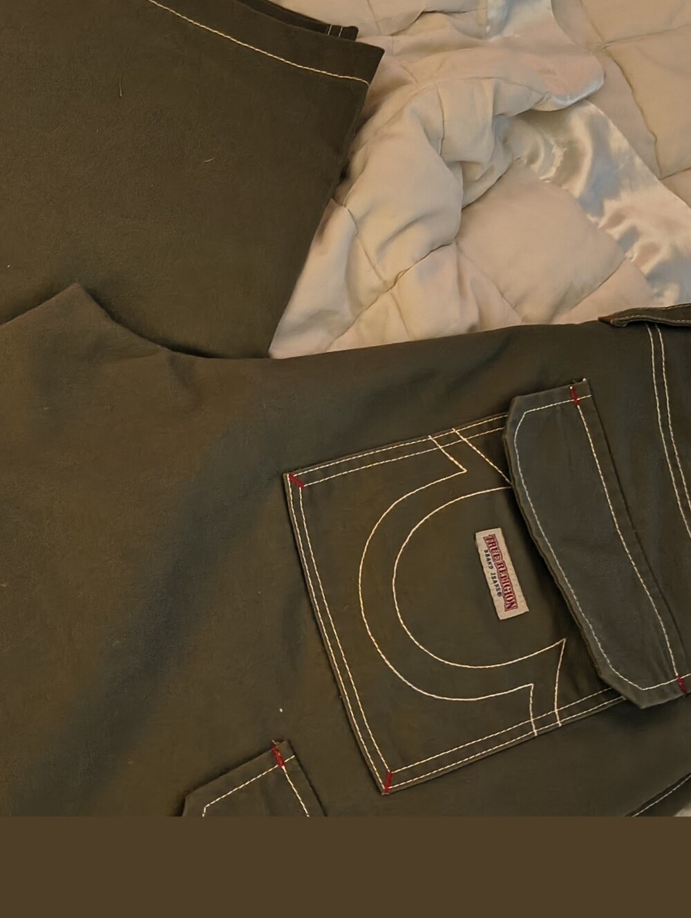 True Religion Men’s Olive Cargo Jeans with Signature Stitching